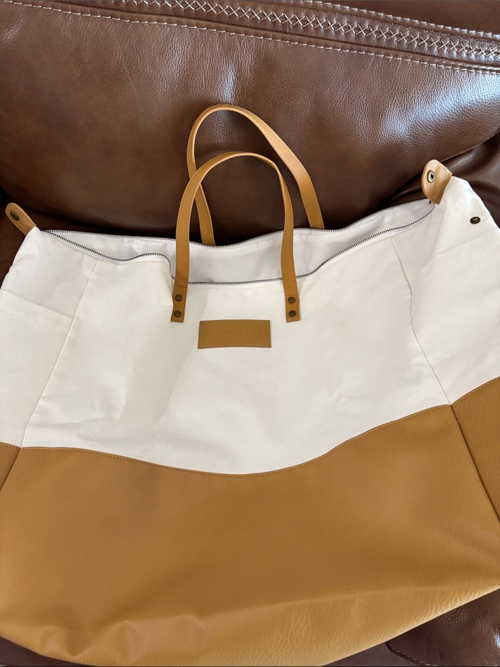 Cozy earth,-Tone Canvas & Leather Shoulder Tote in White and Camel